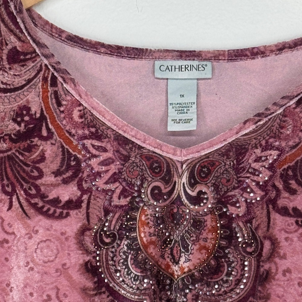 Catherines Boho Paisley Tunic Top Velour Rhinestone Purple Plus 1X Ombre Gypsy - Picture 4 of 6